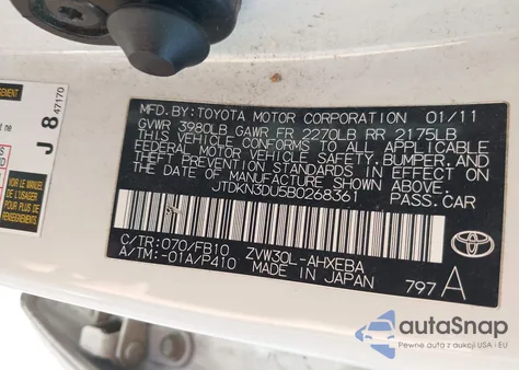 2011 Toyota Prius Three z USA, uszkodzony, nr VIN JTDKN3DU5B0268361